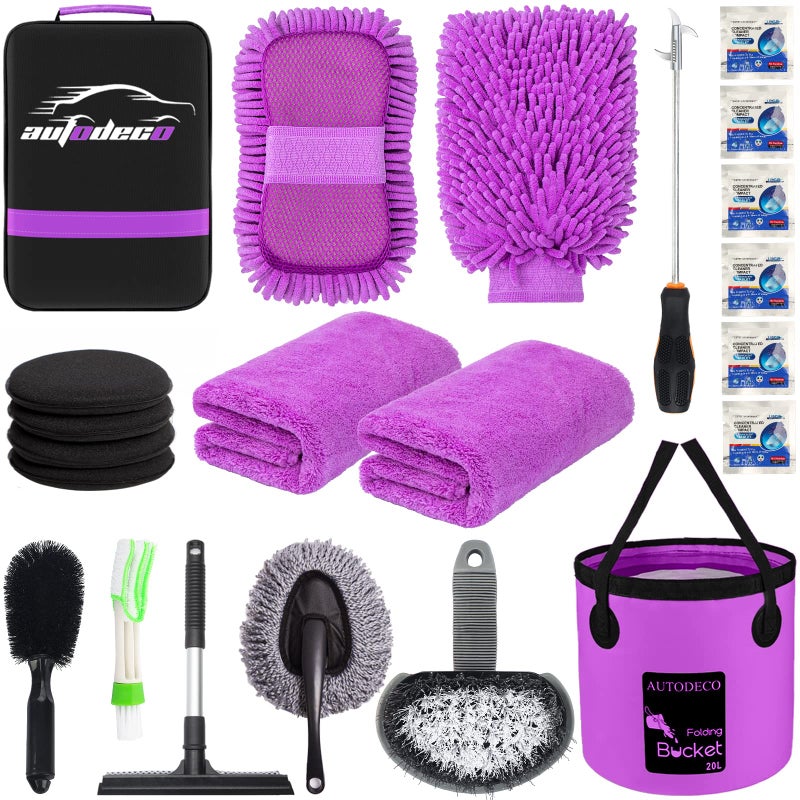 AUTODECO 22Pcs Car Wash Cleaning Tools Kit Car Detailing Set with Canvas Bag Purple Collapsible Bucket Wash Mitt Sponge Towels Tire Brush Window Scraper Duster Complete Interior Car Care Kit - Image 1